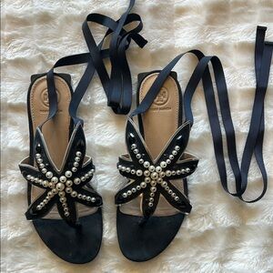 Tory Burch Navy Blue Sandals with Pearl Detailing